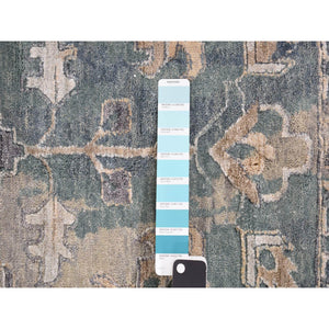 11'8"x14'8" Air Force Blue, Broken And Erased Persian Heriz Design, Wool And Silk, Hand Knotted, Oversized Oriental Rug FWR468036