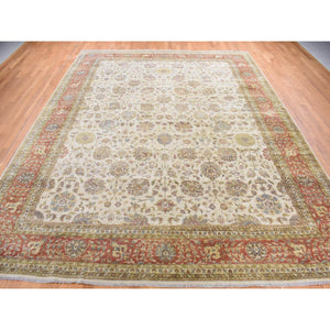11'5"x14'9" Ivory, Velvet Feel Tabriz New Zealand Wool, 300 Kpsi, Densely Woven, Hand Knotted, Oversized Oriental Rug FWR468066