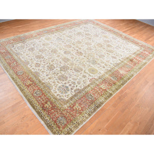 11'5"x14'9" Ivory, Velvet Feel Tabriz New Zealand Wool, 300 Kpsi, Densely Woven, Hand Knotted, Oversized Oriental Rug FWR468066