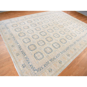 13'x17'7" Pale Ivory, White Wash Khotan With Repetitive Geometric Gul Design, Hand Knotted, Pure Wool, Extra Wide, Oversized, Oriental Rug FWR468072