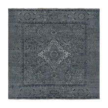 Load image into Gallery viewer, 10&#39;x10&#39; Nickel Gray, Broken and Erased Persian Design, Pure Silk with Textured Wool, Hand Knotted, Square, Oriental Rug FWR468090