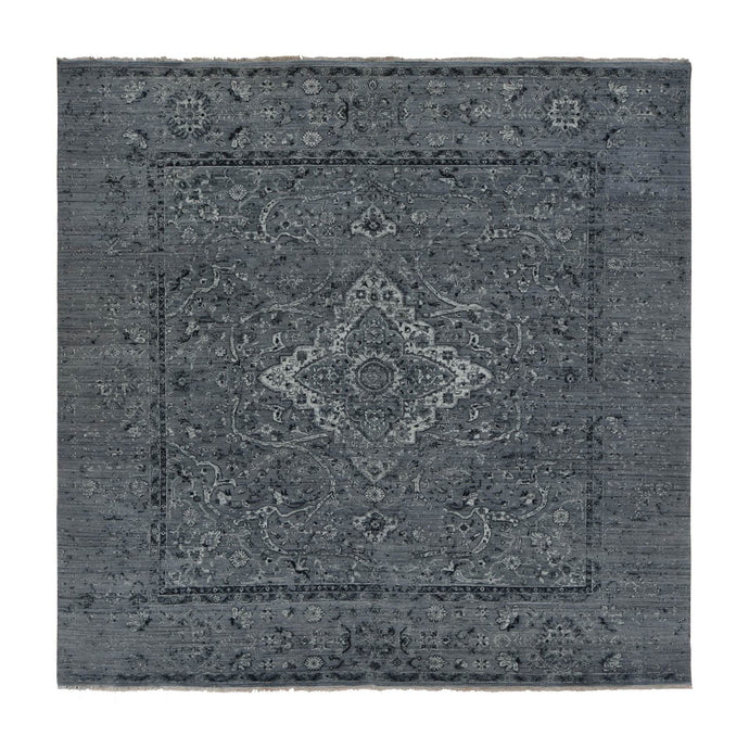 10'x10' Nickel Gray, Broken and Erased Persian Design, Pure Silk with Textured Wool, Hand Knotted, Square, Oriental Rug FWR468090