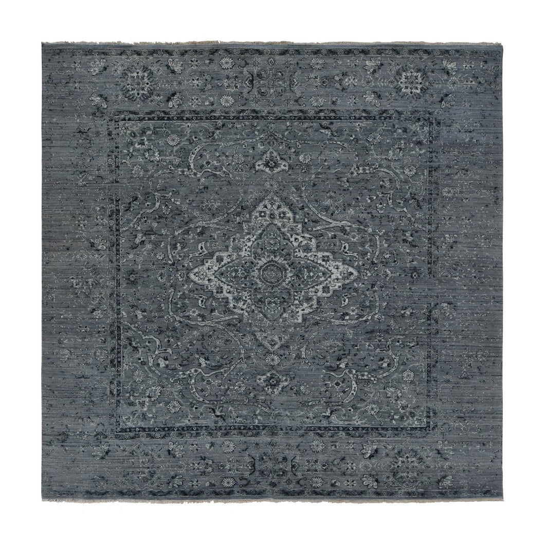 10'x10' Nickel Gray, Broken and Erased Persian Design, Pure Silk with Textured Wool, Hand Knotted, Square, Oriental Rug FWR468090