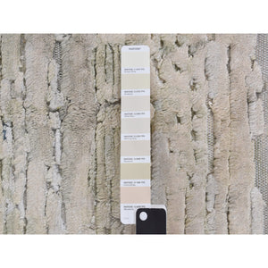 2'x2' Bone White, Sample Fragment, Modern, Pure Silk With Textured Wool, Hand Knotted, Square, Oriental Rug FWR468120