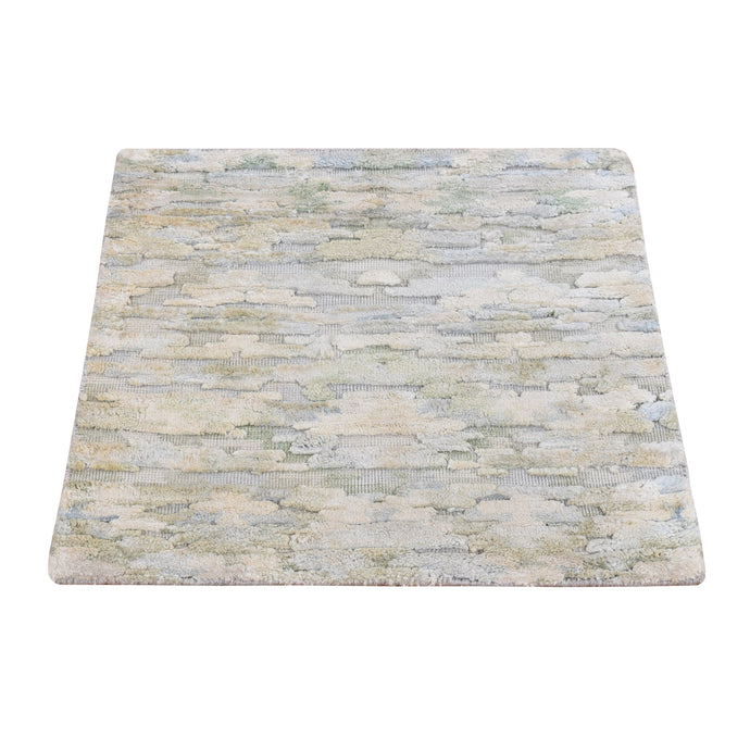 2'x2' Shades of Beige, Sample Fragment, Modern, Luxurious Plush, Pure Silk with Textured Wool, Hand Knotted, Square, Oriental Rug FWR468132