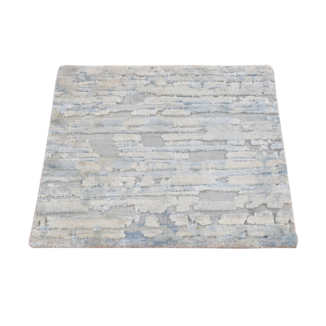 2'x2' Chetwode Green, Pastel Collection, Luxurious Plush, Pure Silk with Textured Wool, Hand Knotted, Sample Square Oriental Rug FWR468150