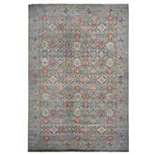 Load image into Gallery viewer, 12&#39;x18&#39; Silver Gray, THE SUNSET ROSETTES, Broken and Erased Persian Inspired Design, Wool and Pure Silk, Hand Knotted, Oversized Oriental Rug FWR468198