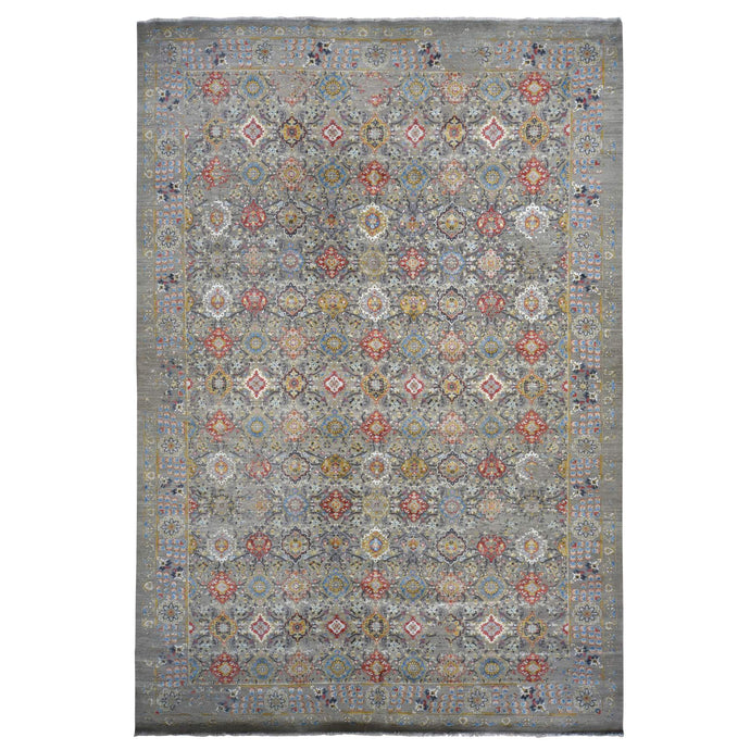 12'x18' Silver Gray, THE SUNSET ROSETTES, Broken and Erased Persian Inspired Design, Wool and Pure Silk, Hand Knotted, Oversized Oriental Rug FWR468198