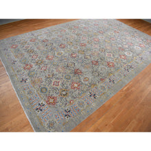 Load image into Gallery viewer, 12&#39;x18&#39; Silver Gray, THE SUNSET ROSETTES, Broken and Erased Persian Inspired Design, Wool and Pure Silk, Hand Knotted, Oversized Oriental Rug FWR468198