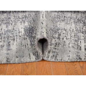 11'10"x11'10" Sharkskin Gray, Hand Spun Undyed Natural Wool, Erased Modern Design, Hand Knotted, Oversized Round Oriental Rug FWR468210
