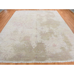 12'x15'4" Pink Gray, Broken and Erased Persian Inspired Design, Wool and Silk with Touch of Pink, Hand Knotted, Oversize Oriental Rug FWR468222