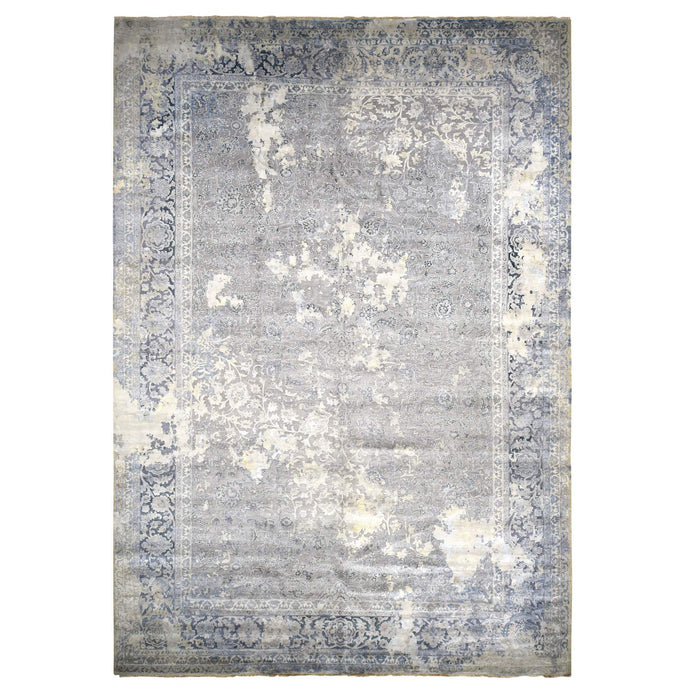 12'x18' Cloud Gray, Broken and Erased Persian Design, Wool with Pure Silk, Hand Knotted, Oversized Oriental Rug FWR468228