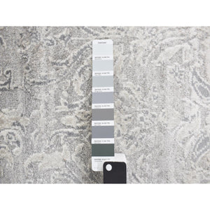 2'7"x5'10" Ash Gray, Hand Knotted, Damask Tone On Tone Design, Wool and Silk, Hi-Lo Pile, Runner Oriental Rug FWR468252