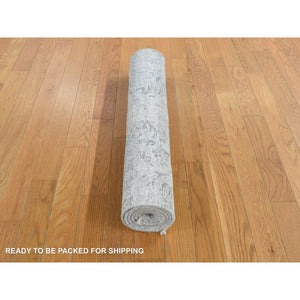 2'7"x5'10" Ash Gray, Hand Knotted, Damask Tone On Tone Design, Wool and Silk, Hi-Lo Pile, Runner Oriental Rug FWR468252