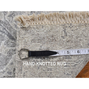 2'7"x5'10" Ash Gray, Hand Knotted, Damask Tone On Tone Design, Wool and Silk, Hi-Lo Pile, Runner Oriental Rug FWR468252
