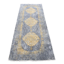 Load image into Gallery viewer, 3&#39;2&quot;x10&#39; Carbon Gray with Gold, Persian Medallion Design, Wool and Pure Silk, Hand Knotted, Runner Oriental Rug FWR468312