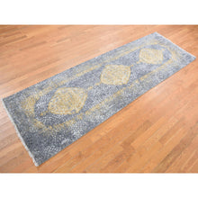 Load image into Gallery viewer, 3&#39;2&quot;x10&#39; Carbon Gray with Gold, Persian Medallion Design, Wool and Pure Silk, Hand Knotted, Runner Oriental Rug FWR468312