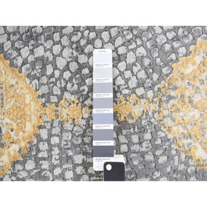 3'2"x10' Carbon Gray with Gold, Persian Medallion Design, Wool and Pure Silk, Hand Knotted, Runner Oriental Rug FWR468312