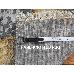3'2"x10' Carbon Gray with Gold, Persian Medallion Design, Wool and Pure Silk, Hand Knotted, Runner Oriental Rug FWR468312