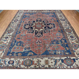 11'3"x15'3" Vermilion Red, Antique Persian Serapi Heriz, 100% Wool, Hand Knotted, Even Wear, Clean, Sides and Ends Secured, Oversized Oriental Rug FWR468342