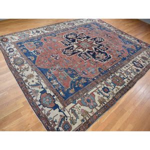 11'3"x15'3" Vermilion Red, Antique Persian Serapi Heriz, 100% Wool, Hand Knotted, Even Wear, Clean, Sides and Ends Secured, Oversized Oriental Rug FWR468342
