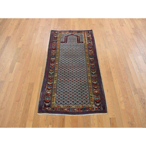 3'1"x6' Smoke White with Prussian Blue, Antique Shirvan Caucasian with Prayer Design, 100% Wool, Hand Knotted, Good Condition, Even Wear, Clean, Sides and Ends Professionally Secured, Runner Oriental Rug FWR468354