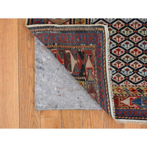 3'1"x6' Smoke White with Prussian Blue, Antique Shirvan Caucasian with Prayer Design, 100% Wool, Hand Knotted, Good Condition, Even Wear, Clean, Sides and Ends Professionally Secured, Runner Oriental Rug FWR468354