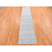Load image into Gallery viewer, 2&#39;6&quot;x12&#39; Periwinkle Blue, Grass Design, Hand Knotted, Wool and Silk, Tone on Tone Modern, Runner Oriental Rug FWR468402