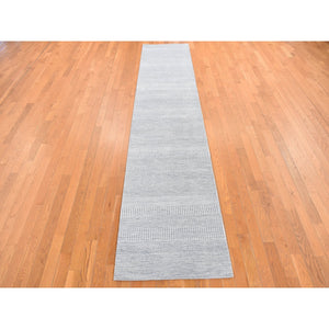 2'6"x12' Periwinkle Blue, Grass Design, Hand Knotted, Wool and Silk, Tone on Tone Modern, Runner Oriental Rug FWR468402