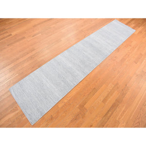 2'6"x12' Periwinkle Blue, Grass Design, Hand Knotted, Wool and Silk, Tone on Tone Modern, Runner Oriental Rug FWR468402