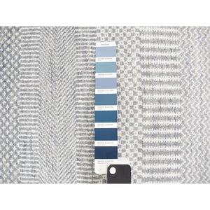 2'6"x12' Periwinkle Blue, Grass Design, Hand Knotted, Wool and Silk, Tone on Tone Modern, Runner Oriental Rug FWR468402