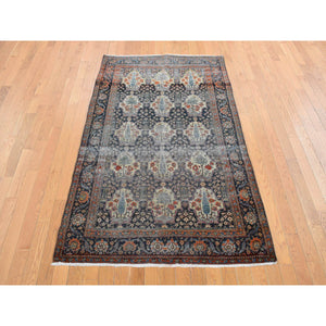 4'1"x6'4" Midnight Blue, Antique Persian Isfahan, Garden Design, Evenly Worn Out, Cropped Thin, 100% Wool, Hand Knotted, Cleaned with Sides and Ends Professionally Secured, Oriental Rug FWR468438