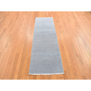 2'7"x8' Cloud Gray, Modern Grass Design, Wool And Silk, Hand Knotted, Tone On Tone, Runner Oriental Rug FWR468480