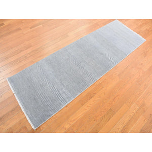 2'7"x8' Cloud Gray, Modern Grass Design, Wool And Silk, Hand Knotted, Tone On Tone, Runner Oriental Rug FWR468480