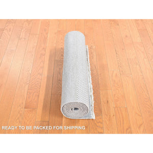 2'7"x8' Cloud Gray, Modern Grass Design, Wool And Silk, Hand Knotted, Tone On Tone, Runner Oriental Rug FWR468480