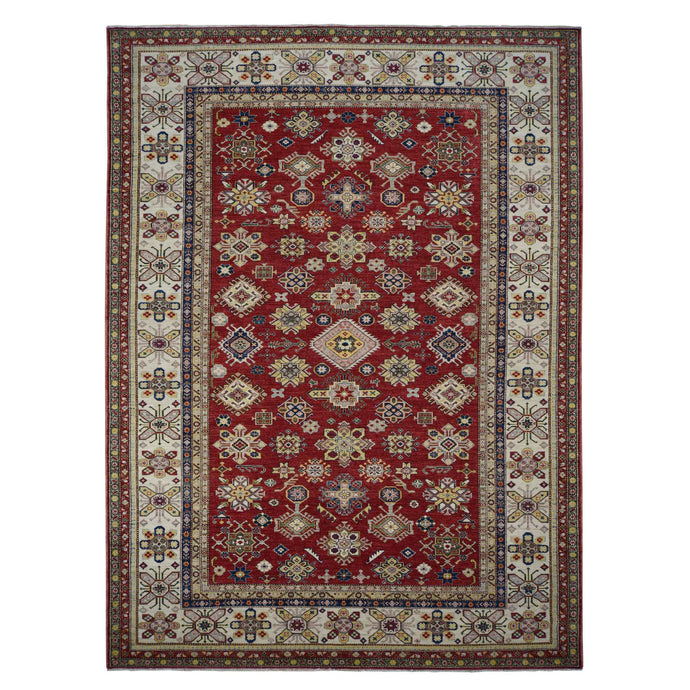 9'x12' Maroon Red, Super Kazak Geometric Design, Pure Wool, Hand Knotted, Oriental Rug FWR468492