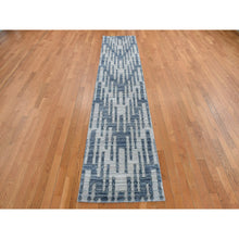 Load image into Gallery viewer, 2&#39;6x12&#39;3&quot; Air Force Blue, Pure Silk And Textured Wool, Zigzag With Graph Design, Hand Knotted, Runner Oriental Rug FWR468576