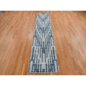 2'6x12'3" Air Force Blue, Pure Silk and Textured Wool, Zigzag with Graph Design, Hand Knotted, Runner Oriental Rug FWR468576