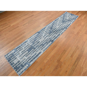 2'6x12'3" Air Force Blue, Pure Silk and Textured Wool, Zigzag with Graph Design, Hand Knotted, Runner Oriental Rug FWR468576