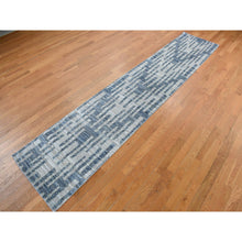Load image into Gallery viewer, 2&#39;6x12&#39;3&quot; Air Force Blue, Pure Silk And Textured Wool, Zigzag With Graph Design, Hand Knotted, Runner Oriental Rug FWR468576