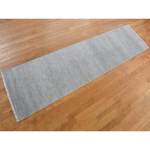 2'6"x9'10" Cloud Gray, Grass Design, Wool and Silk, Hand Knotted, Runner Oriental Rug FWR468684