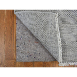 2'6"x9'10" Cloud Gray, Grass Design, Wool and Silk, Hand Knotted, Runner Oriental Rug FWR468684