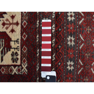 3'7"x7'1" Barn Red, Old Persian Baluch, Geometric And Well Made Featuring A Bird Design, 100% Wool, Hand Knotted, Full Pile And Clean, Oriental Rug FWR468708