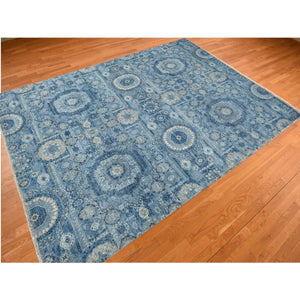9'x12'4" Steel Blue, Pure Silk, Borderless Antiqued Mamluk Design, Hand Knotted, Oriental Rug FWR468882