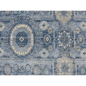 9'x12'4" Steel Blue, Pure Silk, Borderless Antiqued Mamluk Design, Hand Knotted, Oriental Rug FWR468882