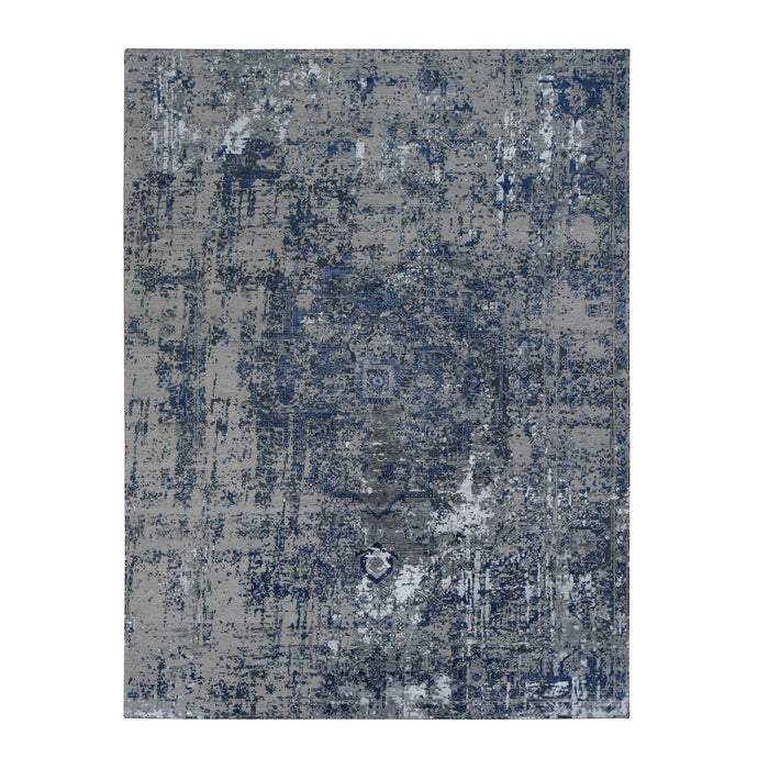 9'x12' Astros Navy Blue, Erased Heriz Design, Wool and Silk, Hand Knotted, Fine Oriental Rug FWR468924