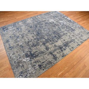 9'x12' Astros Navy Blue, Erased Heriz Design, Wool and Silk, Hand Knotted, Fine Oriental Rug FWR468924