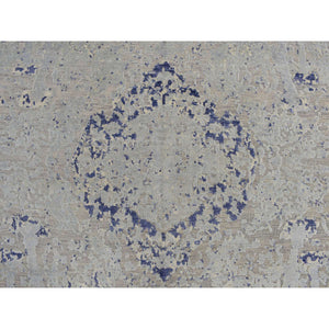 8'8"x12'1" Alice Blue, Broken and Erased Medallion Design, Silk with Textured Wool, Hand Knotted, Oriental Rug FWR468948