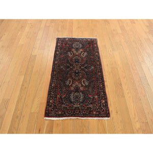 2'1"x4' Exotic Red With Yale Blue, Antique Persian Sarouk, Mint Condition, Full Pile, Clean and Soft, Sides and End Professionally Secured, Hand Knotted, Oriental Mat Rug FWR469008