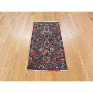 2'1"x4' Exotic Red With Yale Blue, Antique Persian Sarouk, Mint Condition, Full Pile, Clean and Soft, Sides and End Professionally Secured, Hand Knotted, Oriental Mat Rug FWR469008